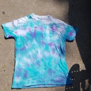 Medium green, purple, blue, and white tye dye